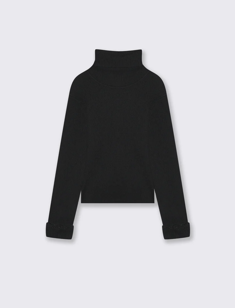 Maglia collo alto con dettaglio in fibra metallizzata al polsino. - Nero