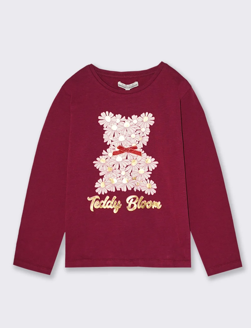 T-Shirt manica lunga in cotone dalla mano pesca con stampa e fiocchi applicati. - Bordeaux