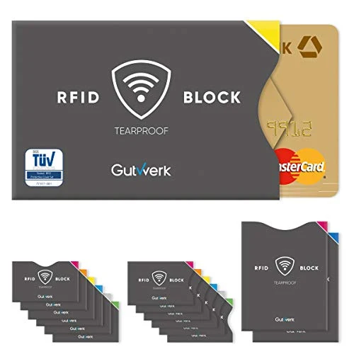 Gutwerk Blocco RFID | Custodia Protettiva NFC Antistrappo [12+2 pezzi] | Carte di Credito, Bancomat, Carta d'Identità Elettronica, Passaporto|100% di sicurezza contro il furto di dati personali