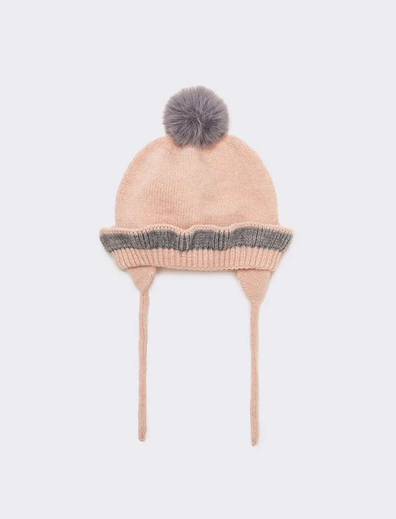Cappello neonata con pon pon e laccetti - Rosa