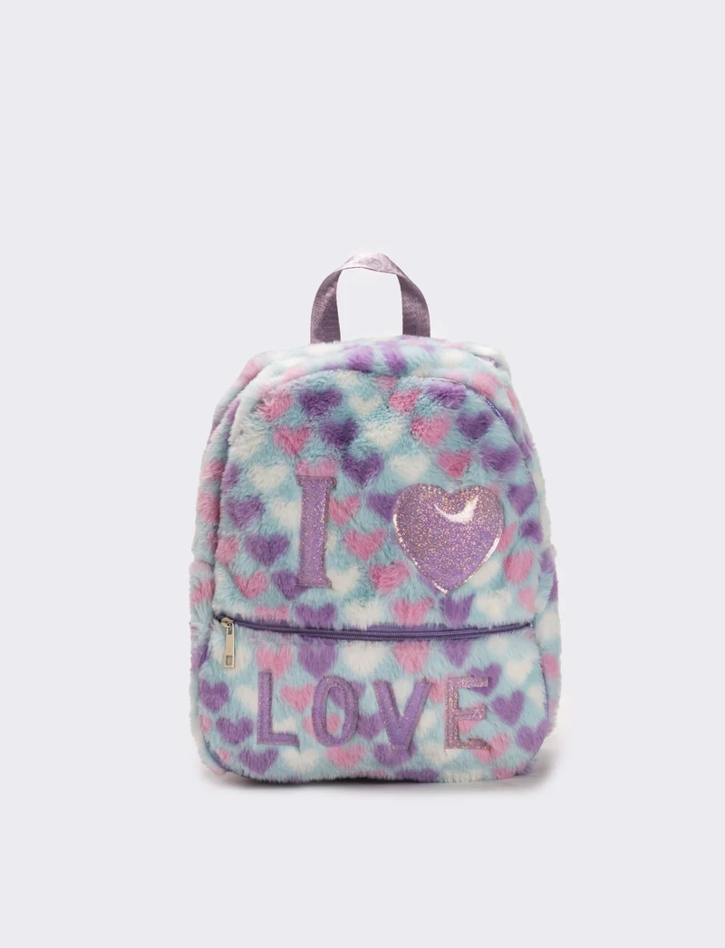 Zaino bambina pelliccia cuori e scritta i love you - Multicolore