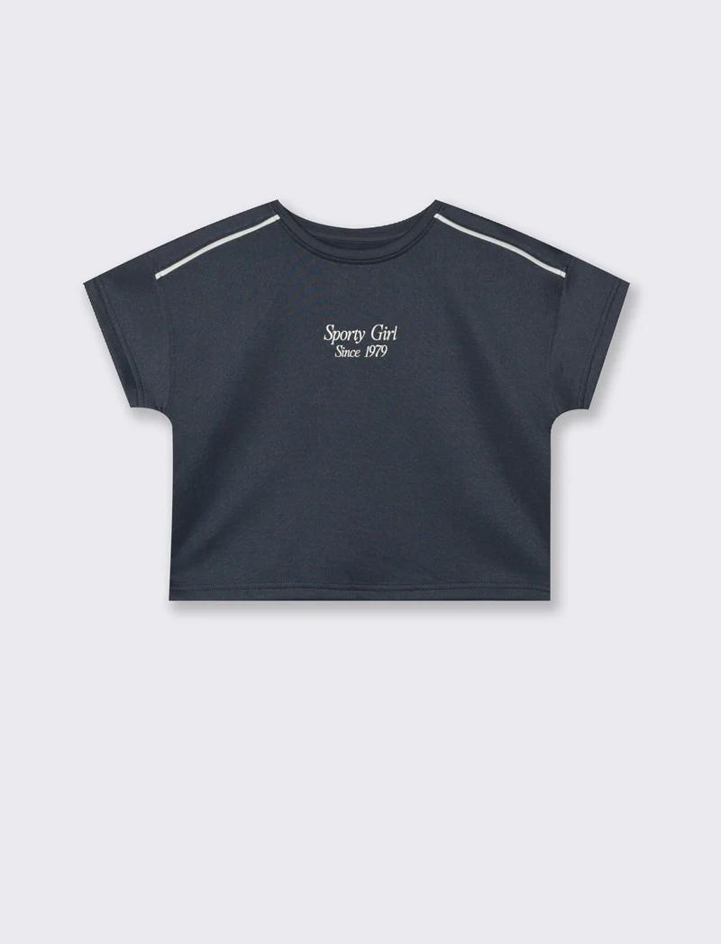 T-shirt mezza manica cropped in tessuto tecnico con profili a contrasto. - Blu