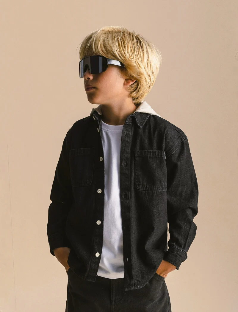 Camicia in denim con cappuccio - Nero