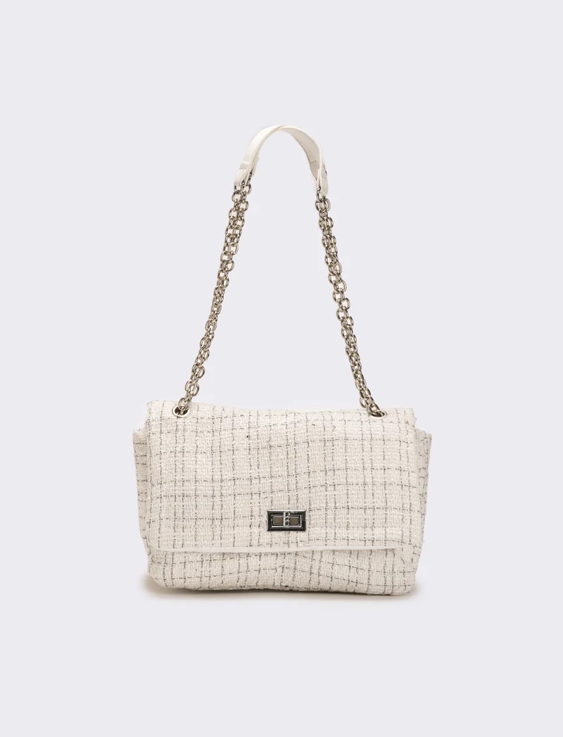 Borsa donna in tessuto con patta e catena infilata - Bianco