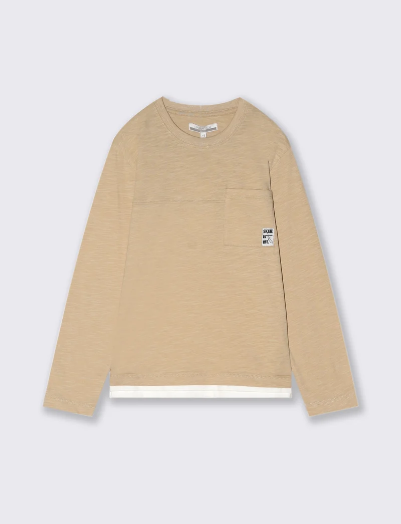 MAGLIETTA IN COTONE SLUB CON TASCHINO - Beige