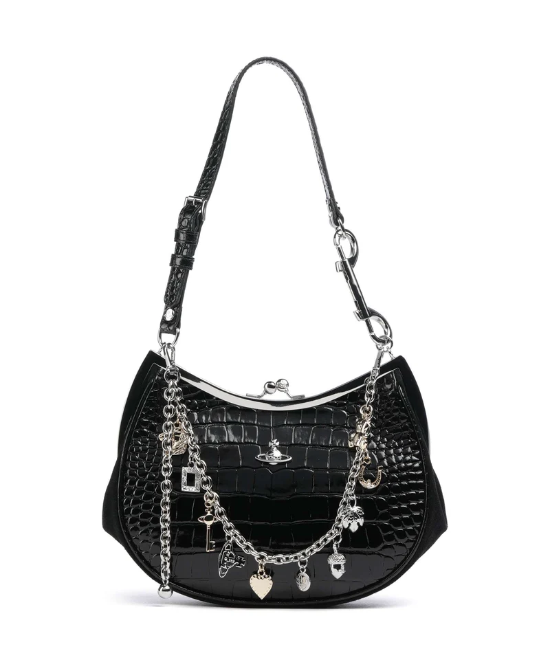 Vivienne Westwood Charm Frame Embossed Croc Borsa a spalla black charms