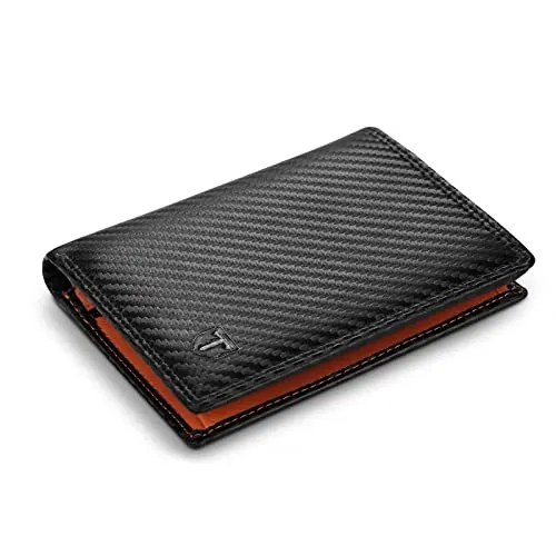 TEEHON® Portafoglio Uomo RFID Blocking Pelle Carbonio con 11 Porta Carte di Credito, 2 Finestra ID, Portamonete Cerniera, 2 Scomparti Banconote, Portafogli Uomo Trifold Verticale - Nero e Arancione
