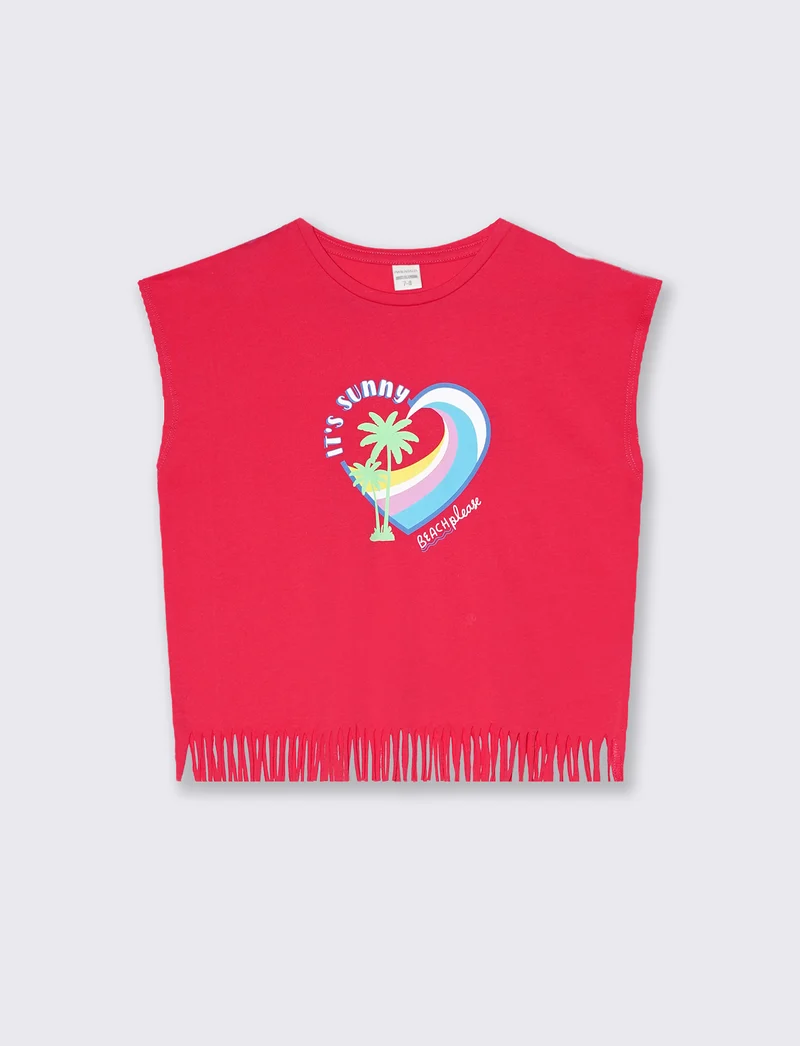 T-shirt frange da bambina - Fuxia