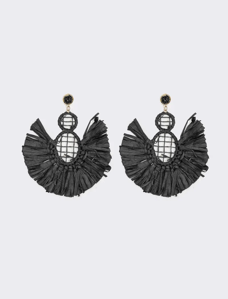 Orecchini donna a ventaglio in raffia - Nero