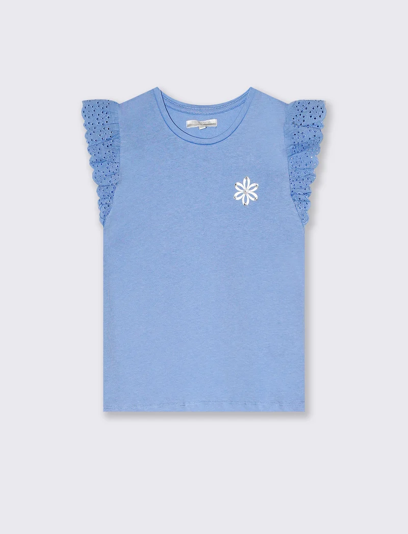 T-shirt da bambina con volant in sangallo - Azzurro