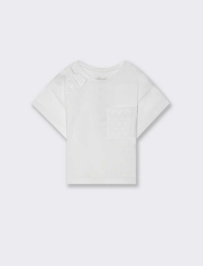 T-shirt in cotone con dettagli in sangallo da bambina - Bianco