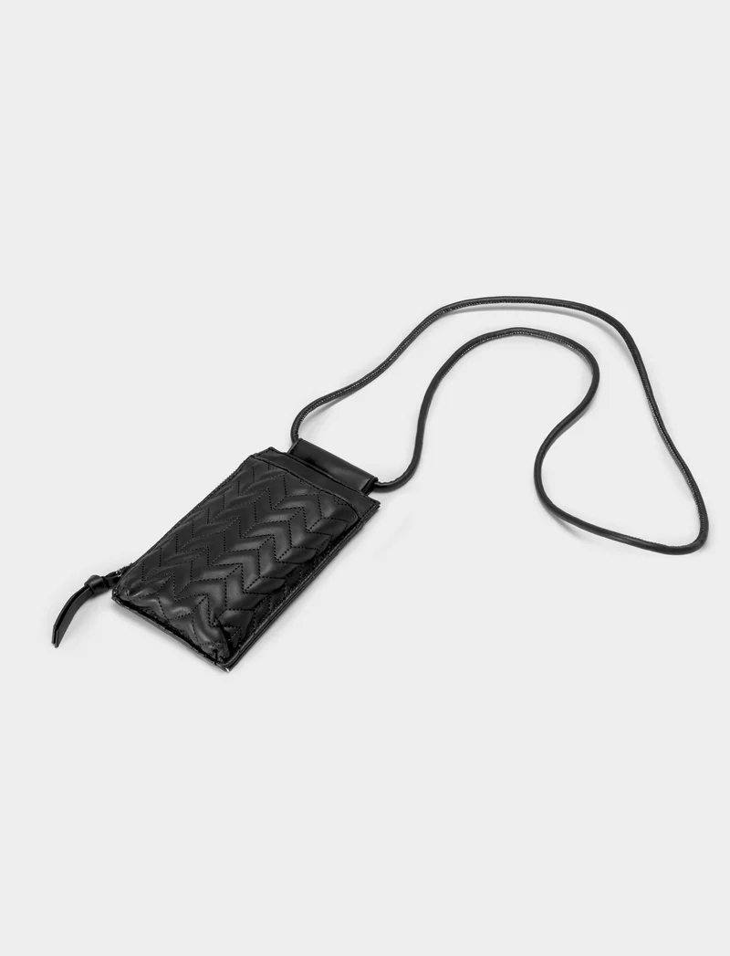 Portacarte donna portacellulare trapuntato con laccio - Nero