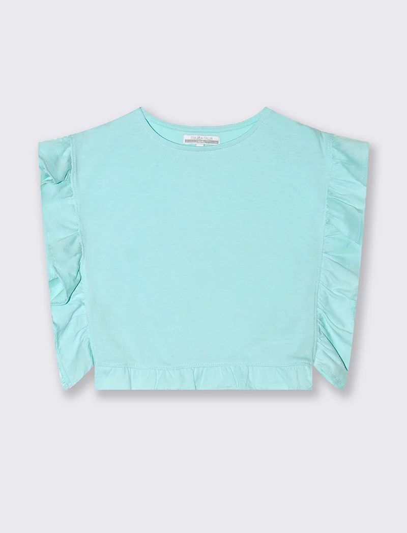 T-shirt in jersey con rouches da bambina - Verde acqua
