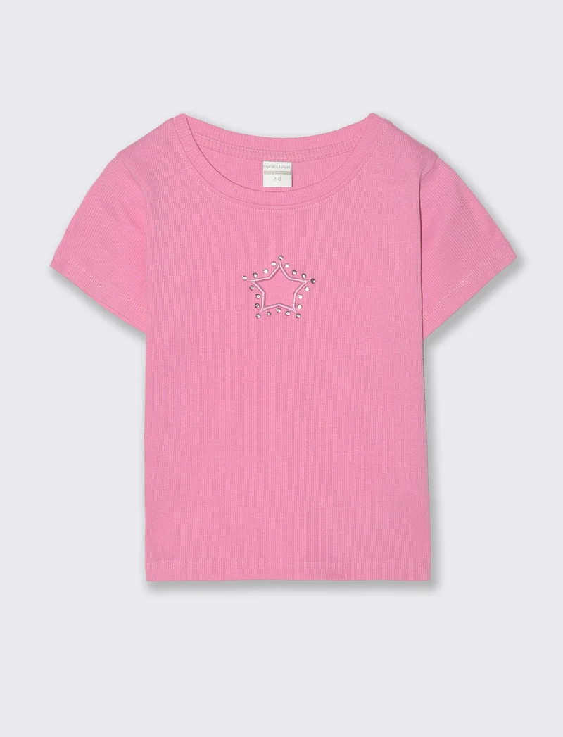 T-shirt in costina con stella e strass - Rosa candy
