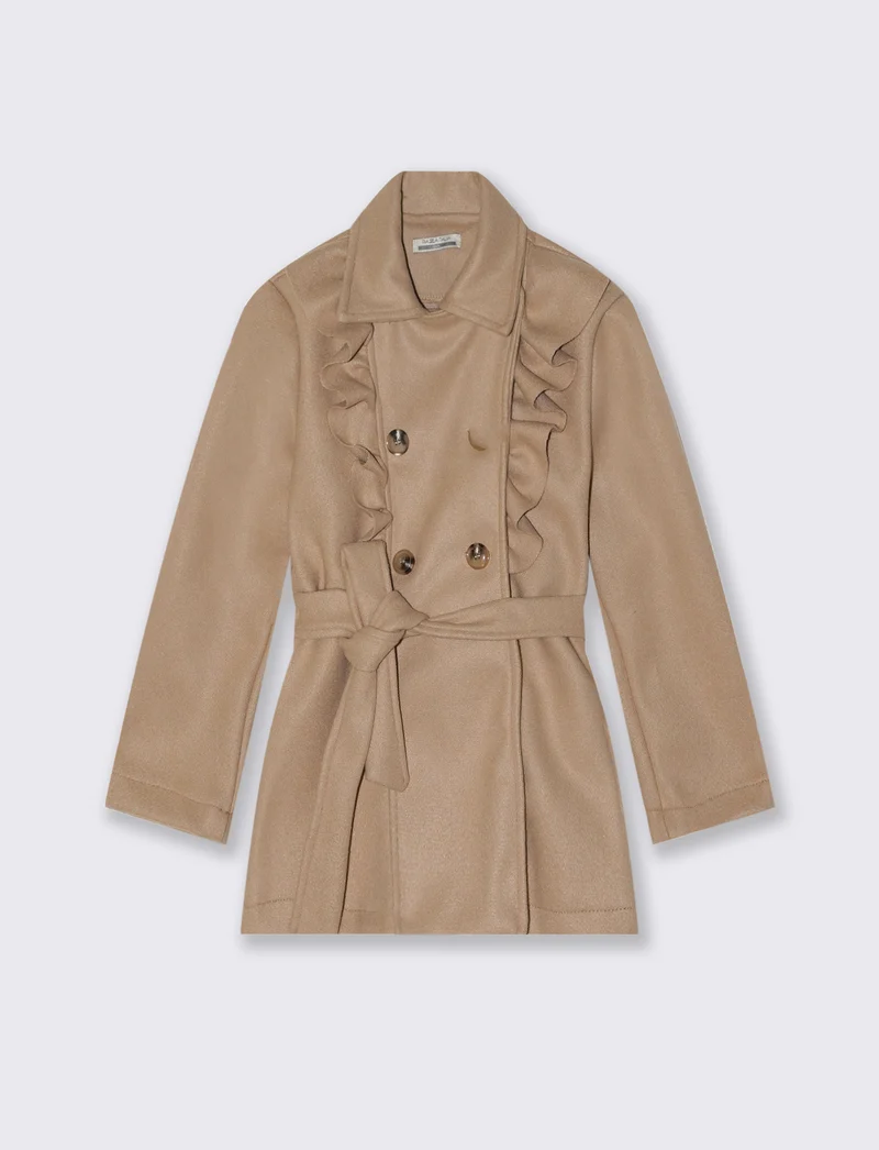 Trench da bambina con rouches laterali e doppia abbottonatura. - Cammello